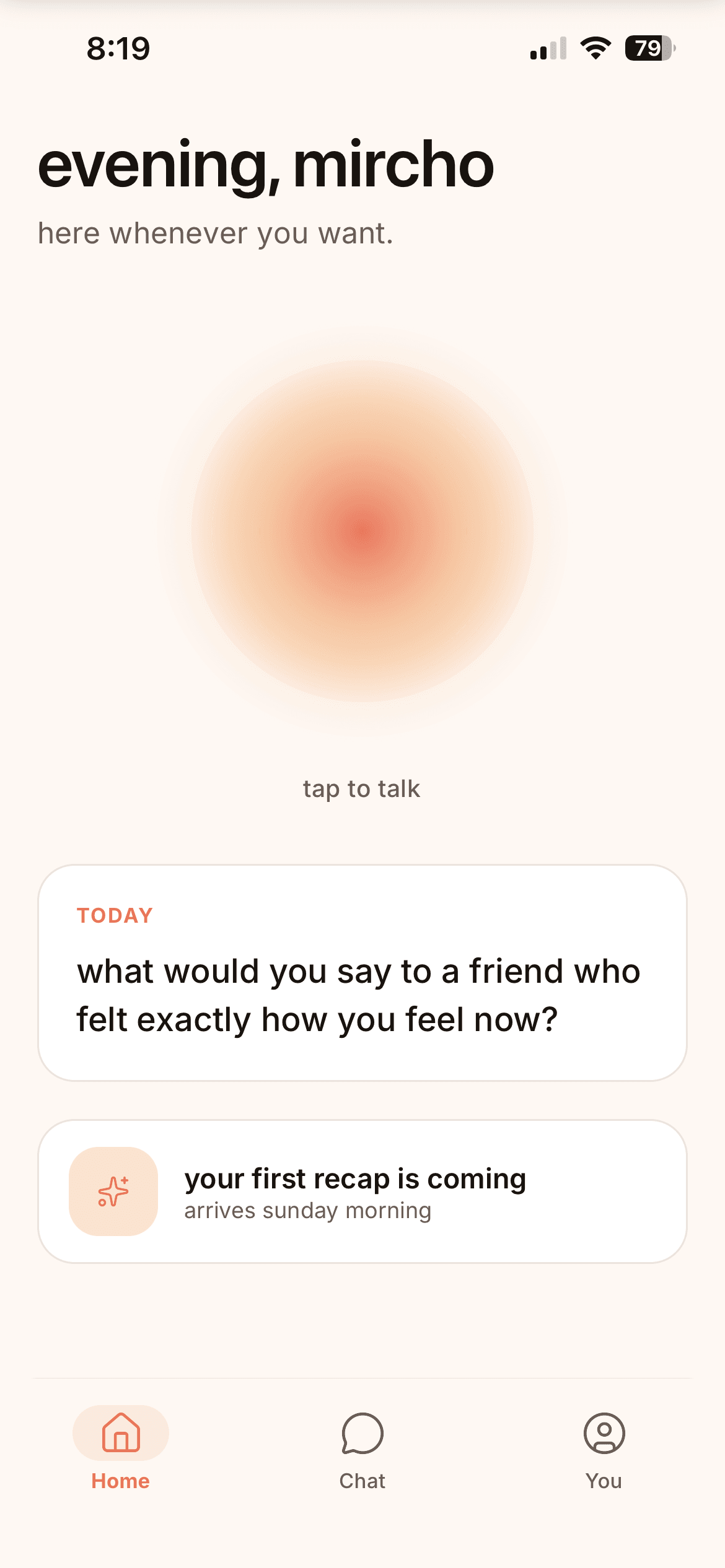 Luma home screen — tap the orb to talk