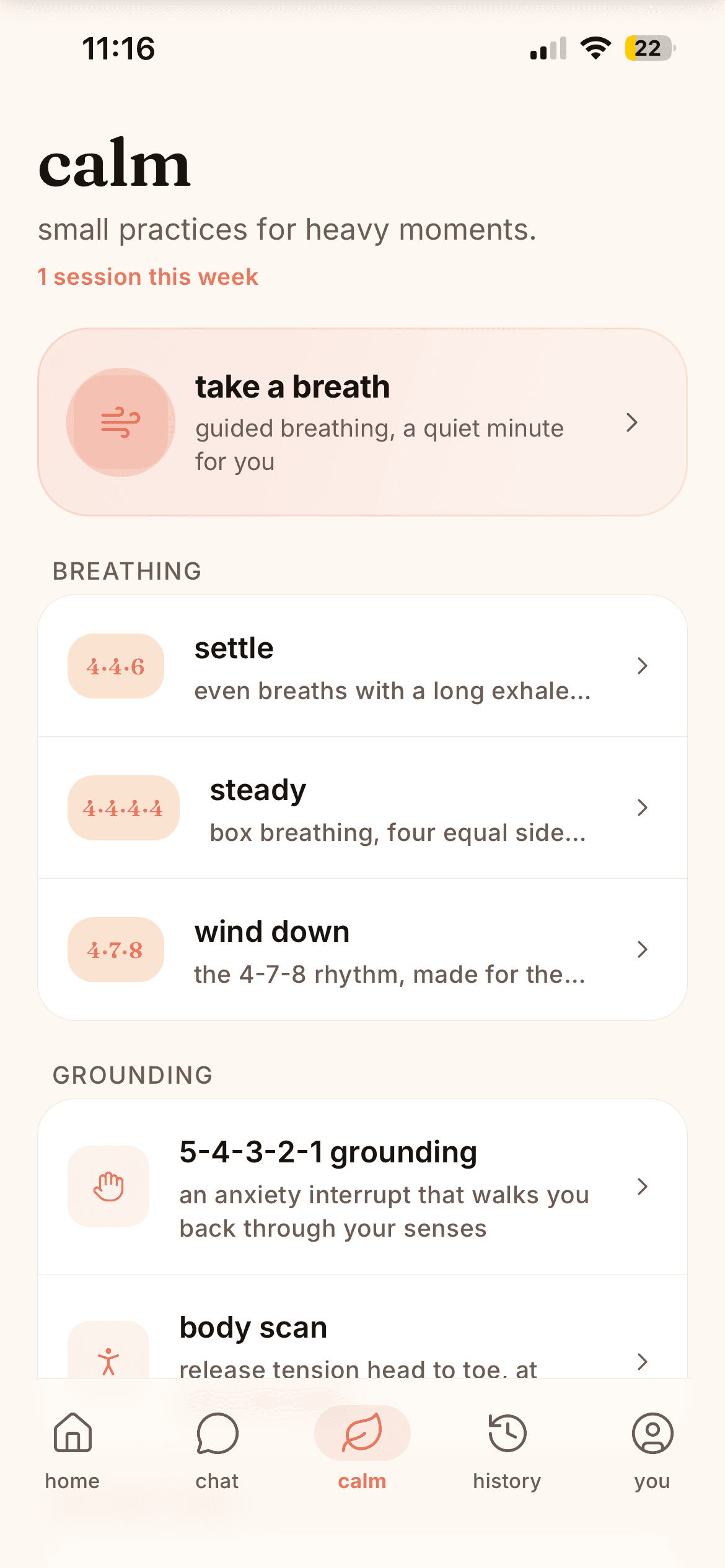 Luma calm tab with breathing and grounding exercises